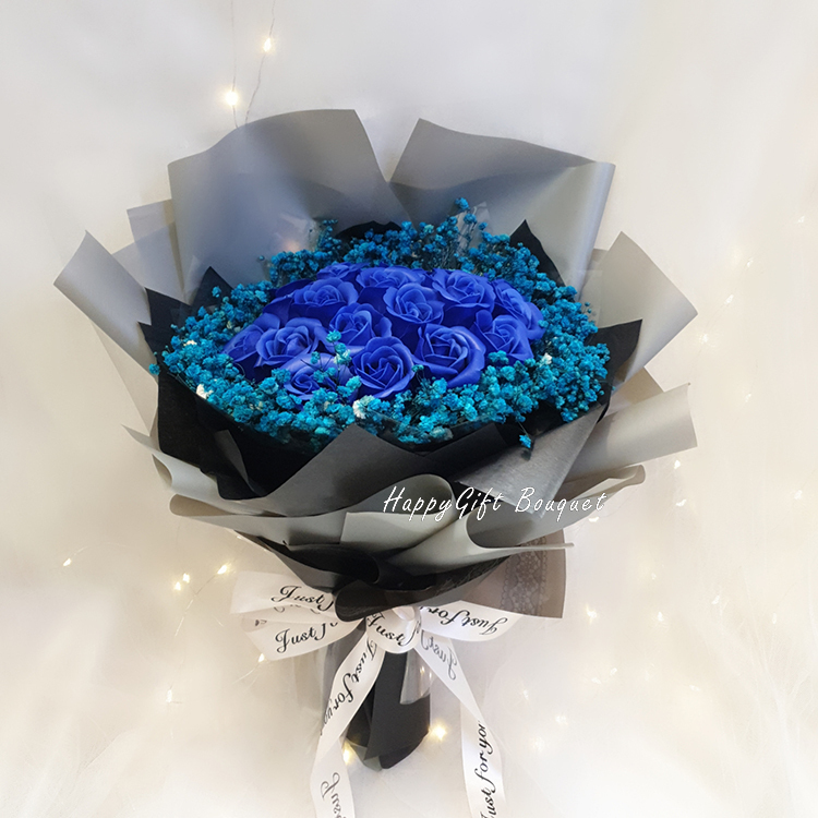 21朵深藍色玫瑰香皂花滿天星花束,21 dark blue rose soap flowers gypsophila bouquet