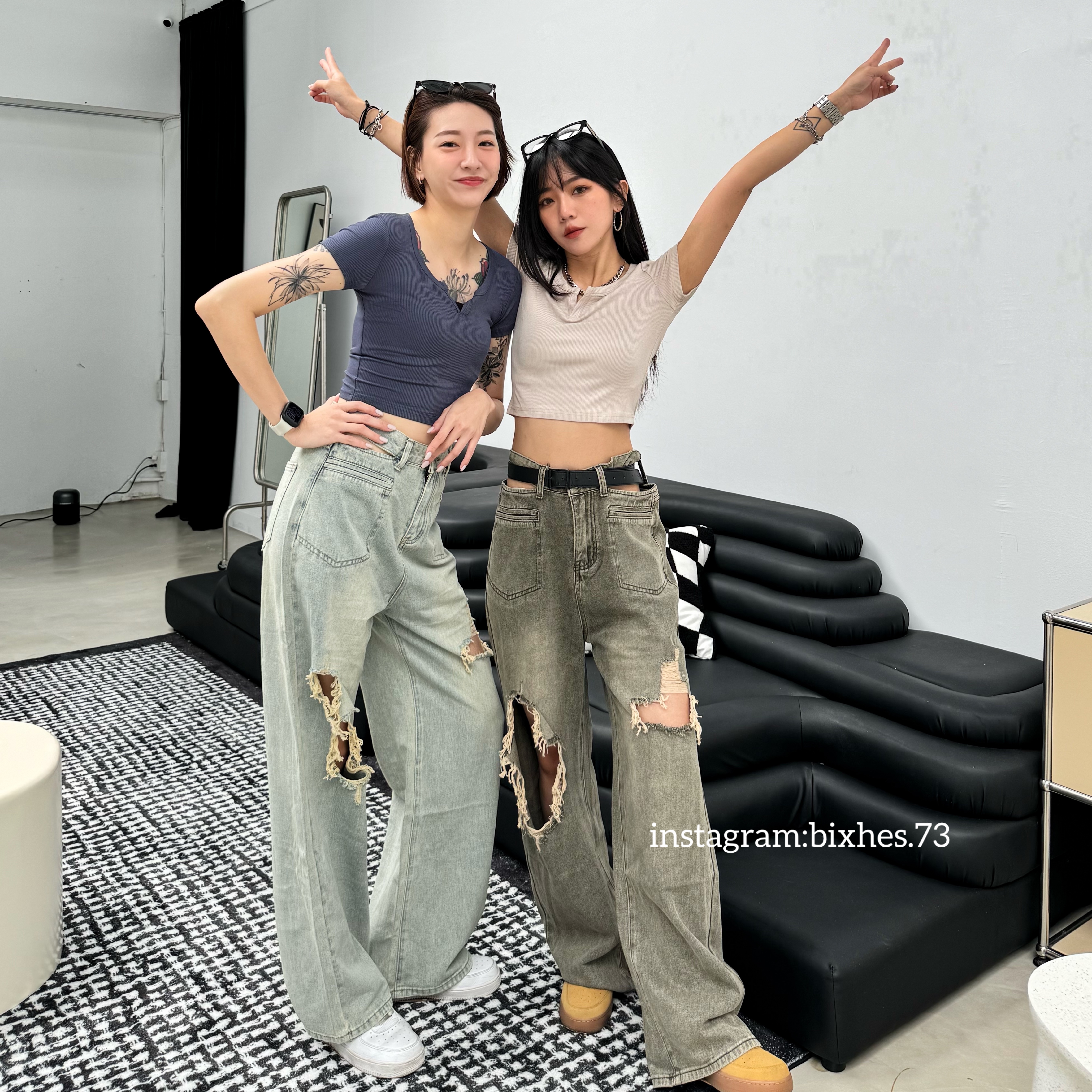 重工挖腰破洞水洗牛仔褲(E00096)