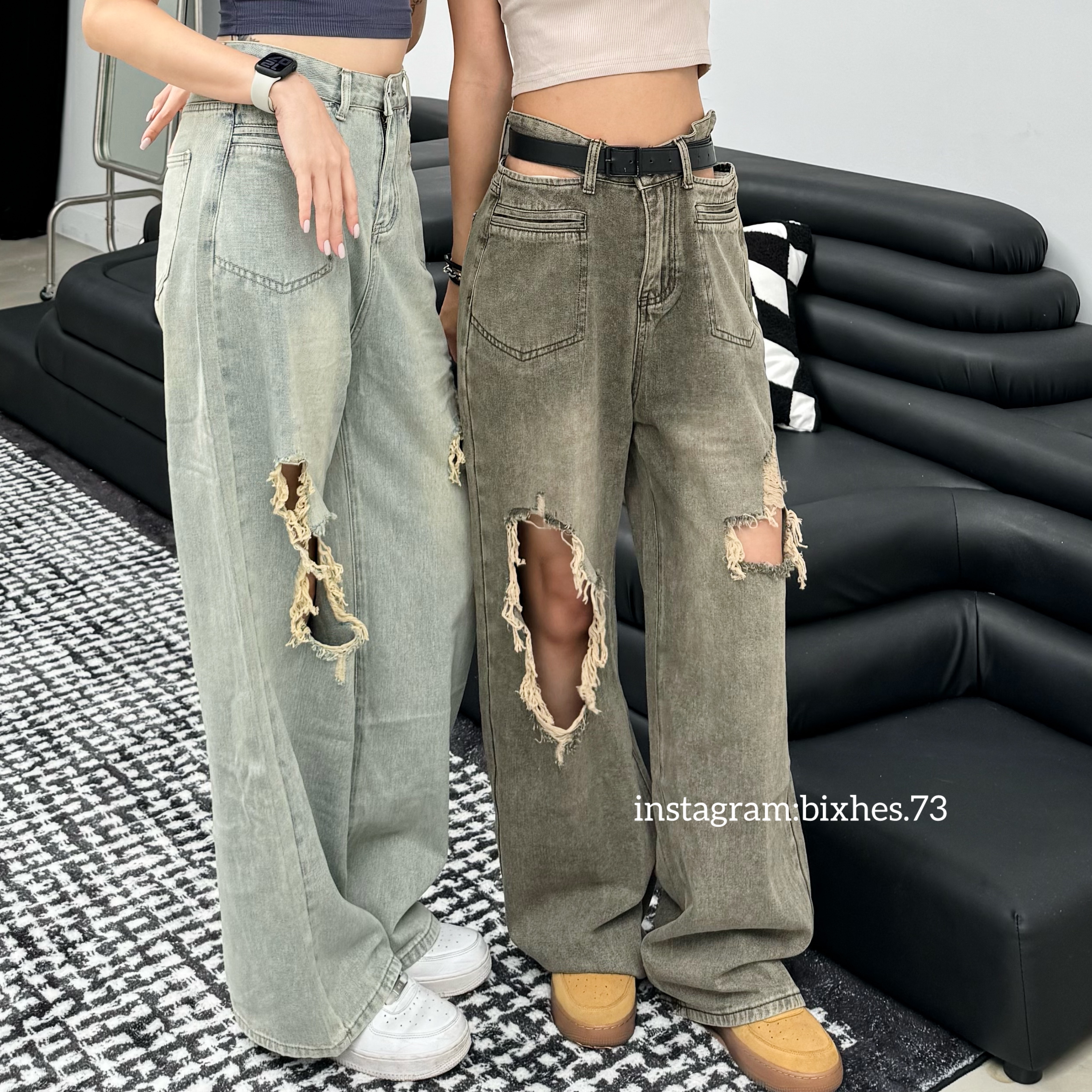 重工挖腰破洞水洗牛仔褲(E00096)