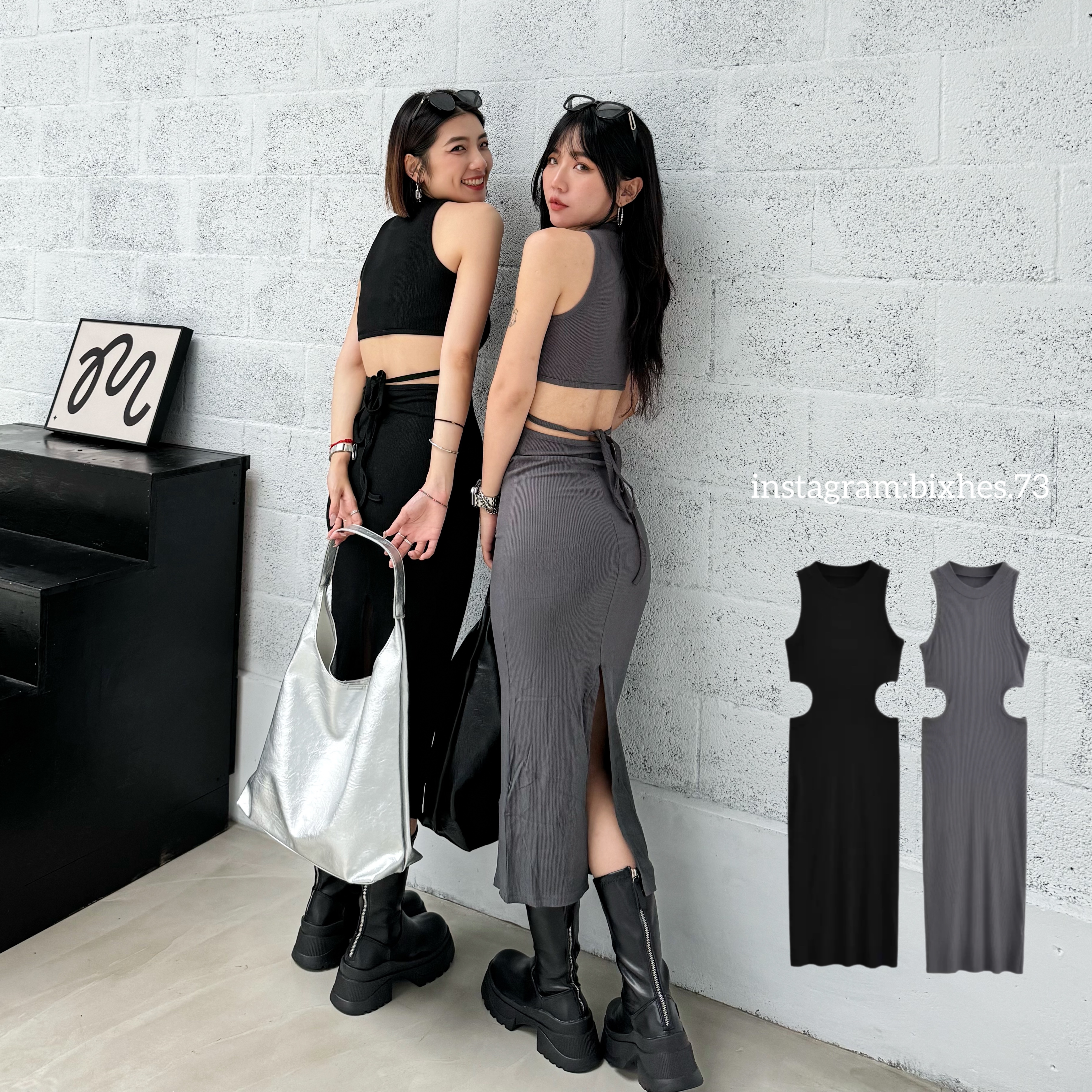 歐美腰部繫帶包臀中長連身裙(D00035)