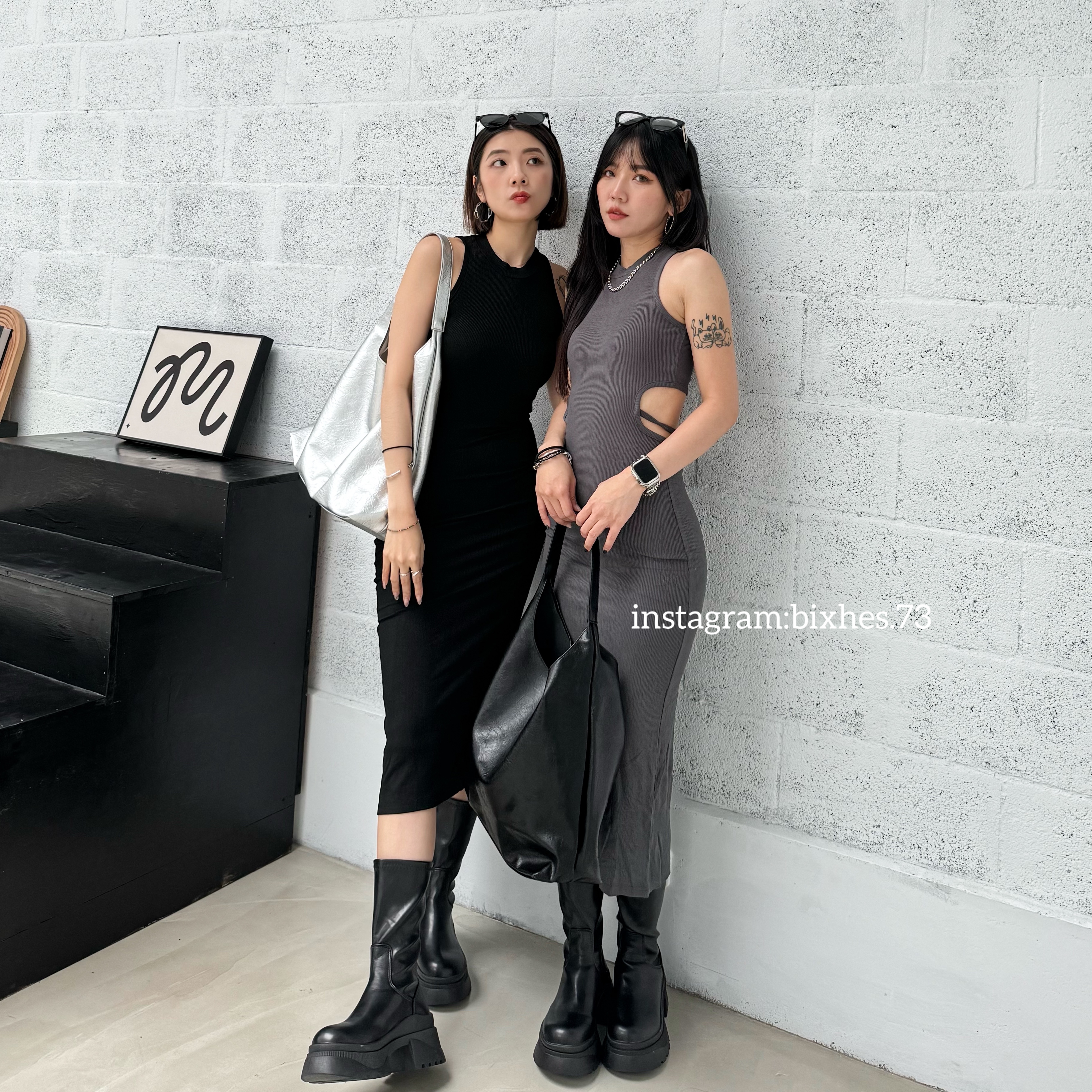 歐美腰部繫帶包臀中長連身裙(D00035)