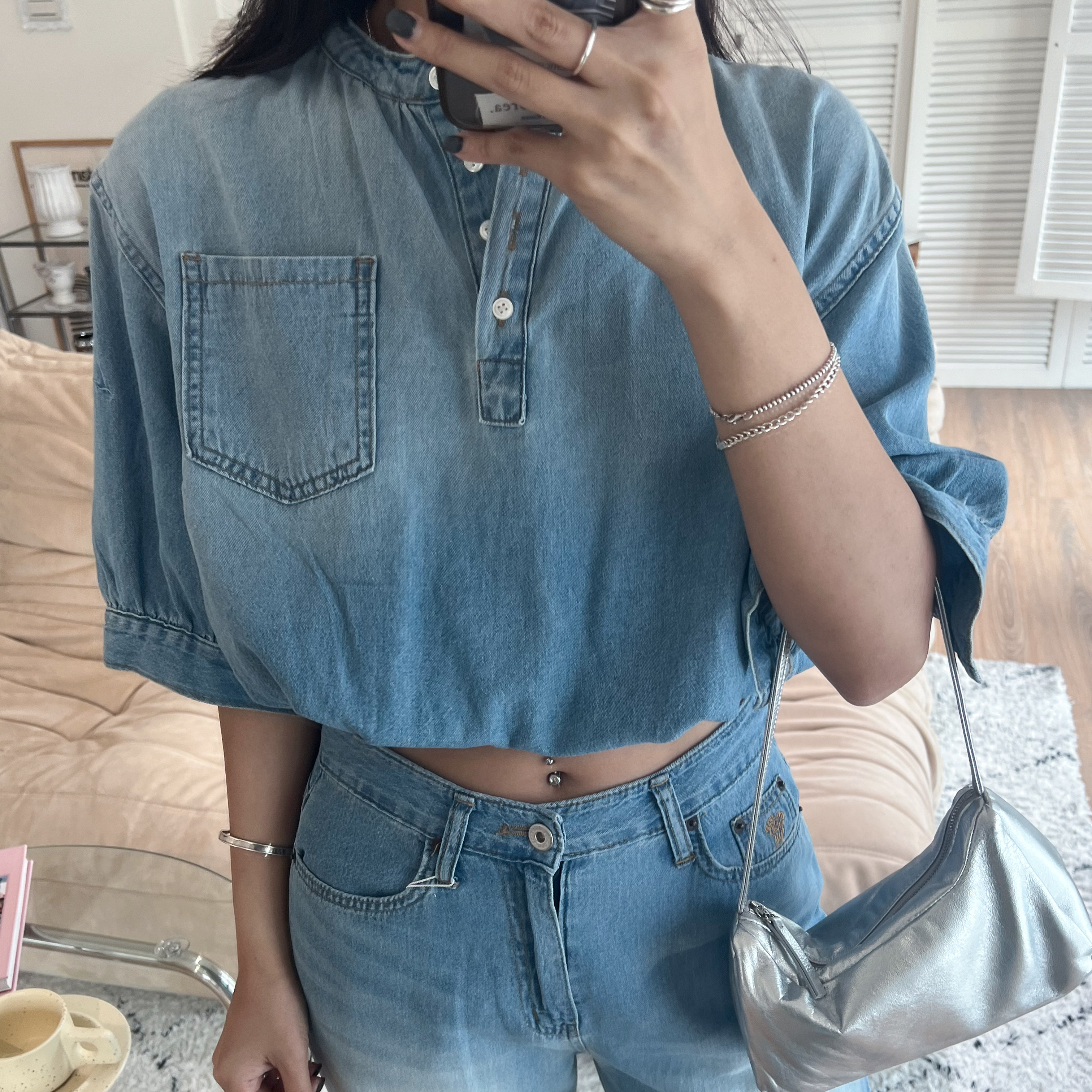 B31彈性下鬆緊軟料牛仔五分袖