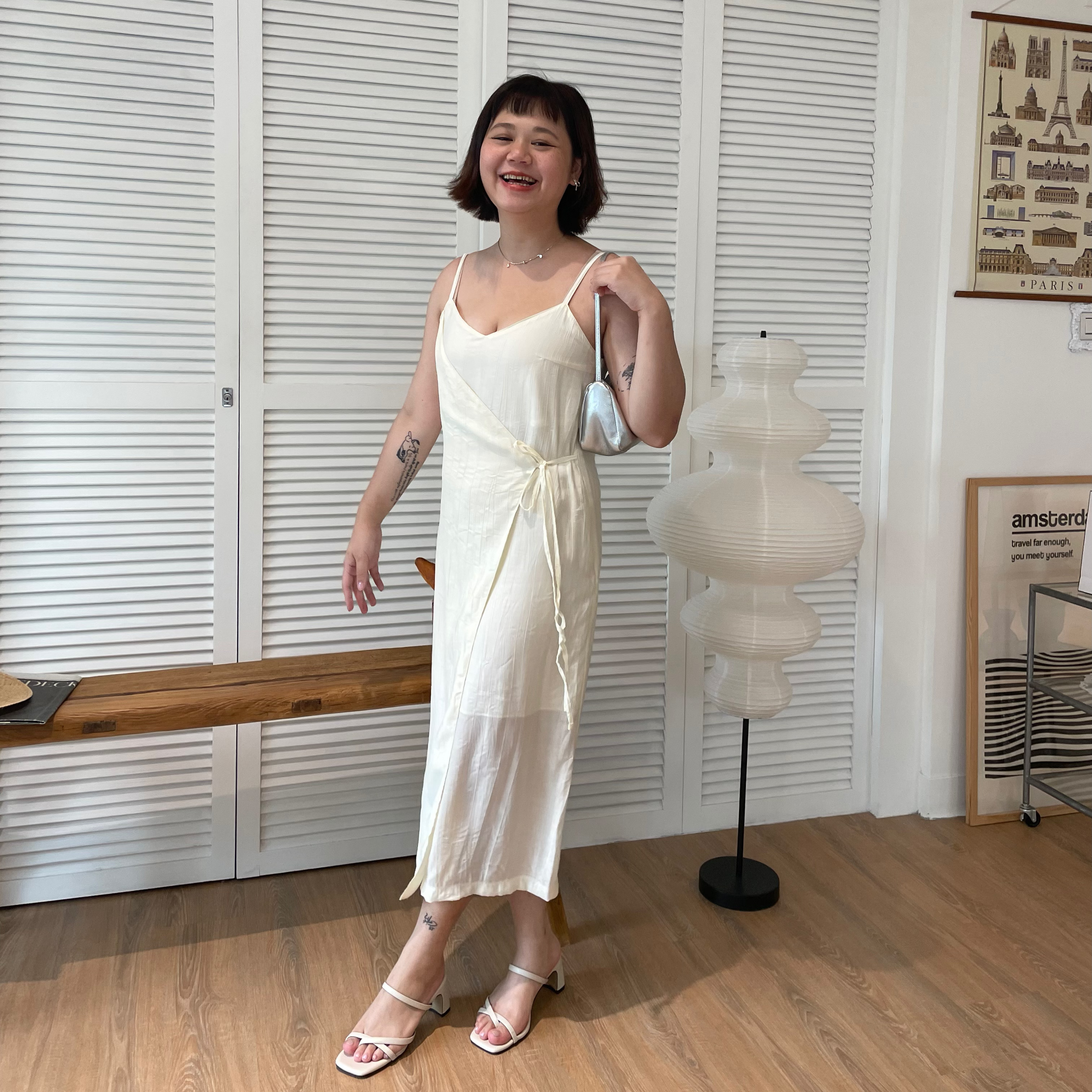 B22紋路設計綁帶細肩洋(奶油)