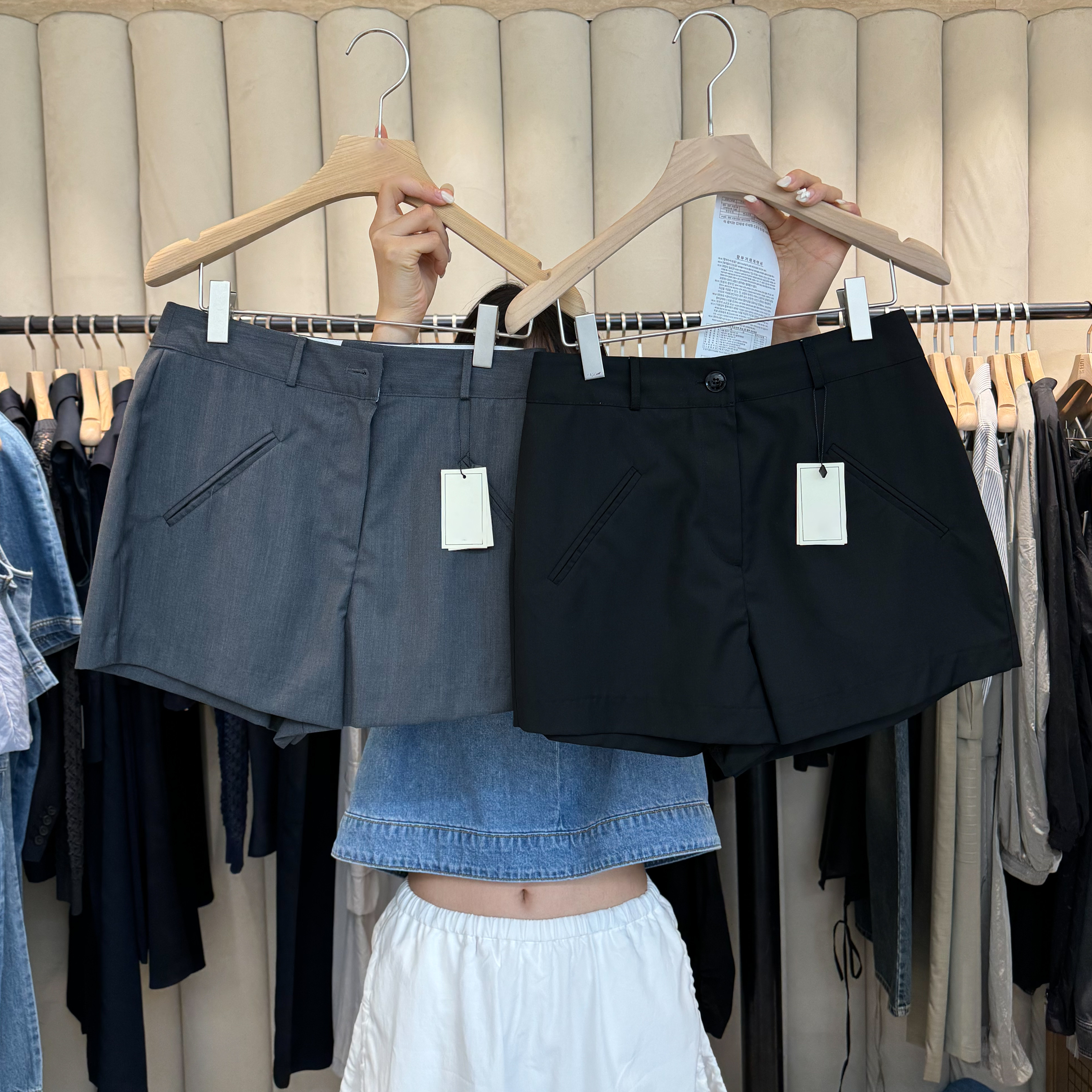 斷貨!設計斜口袋西料短褲(灰S)