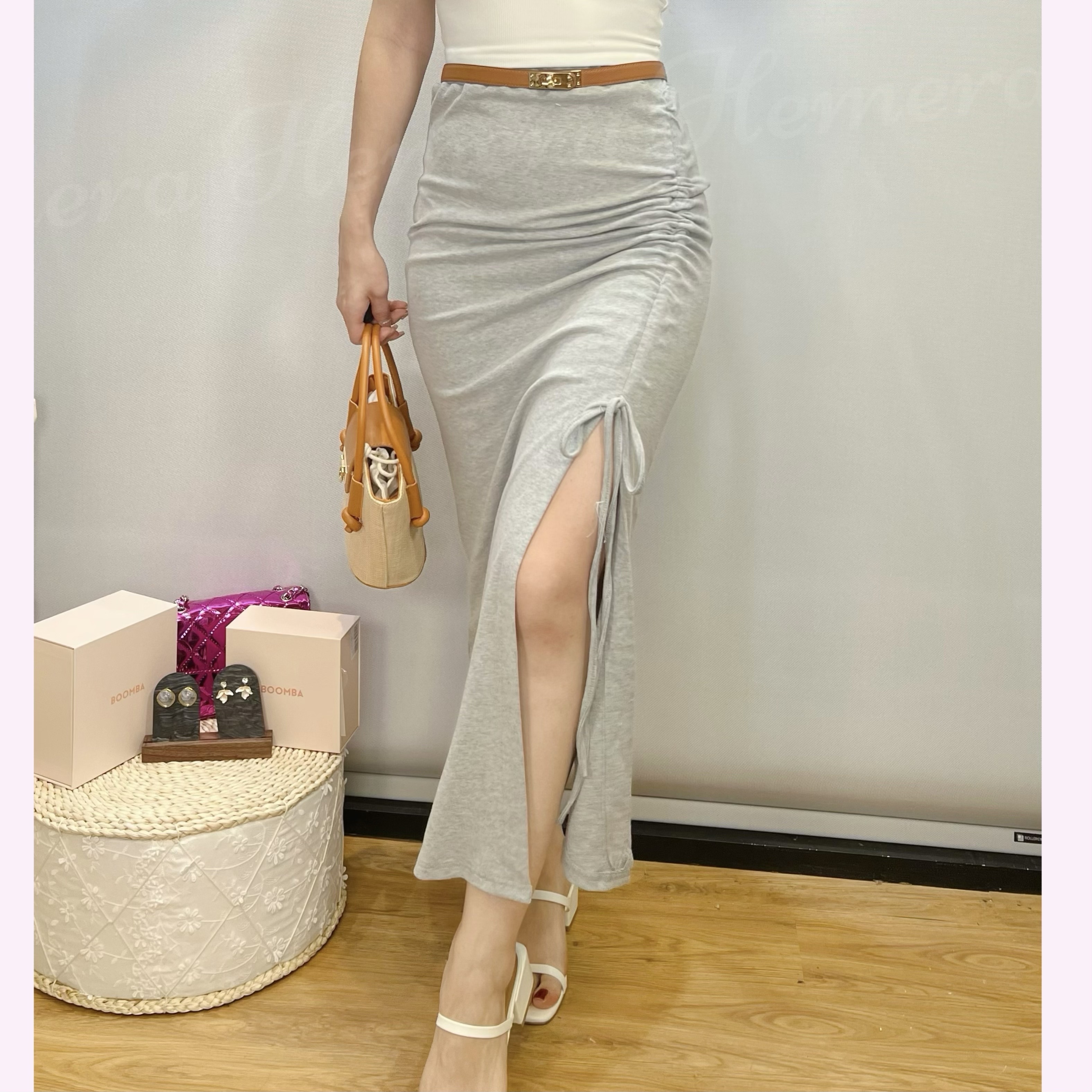 SK24S0818 抽繩顯瘦開叉半身裙