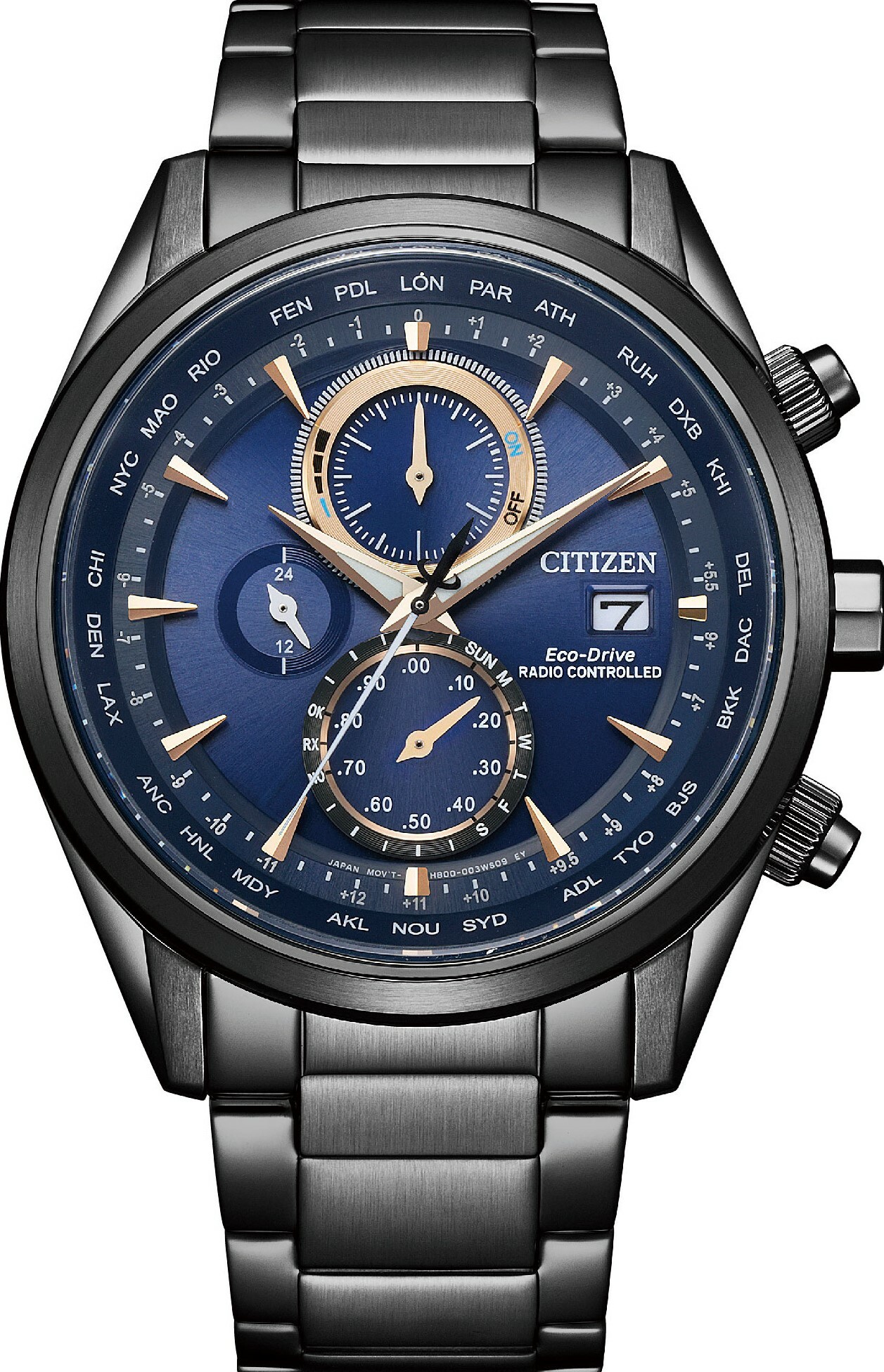 萬年鐘錶 - Citizen 星辰錶    空中之鷹全黑藍面光動能電波男錶  AT8265-81L  錶徑43MM