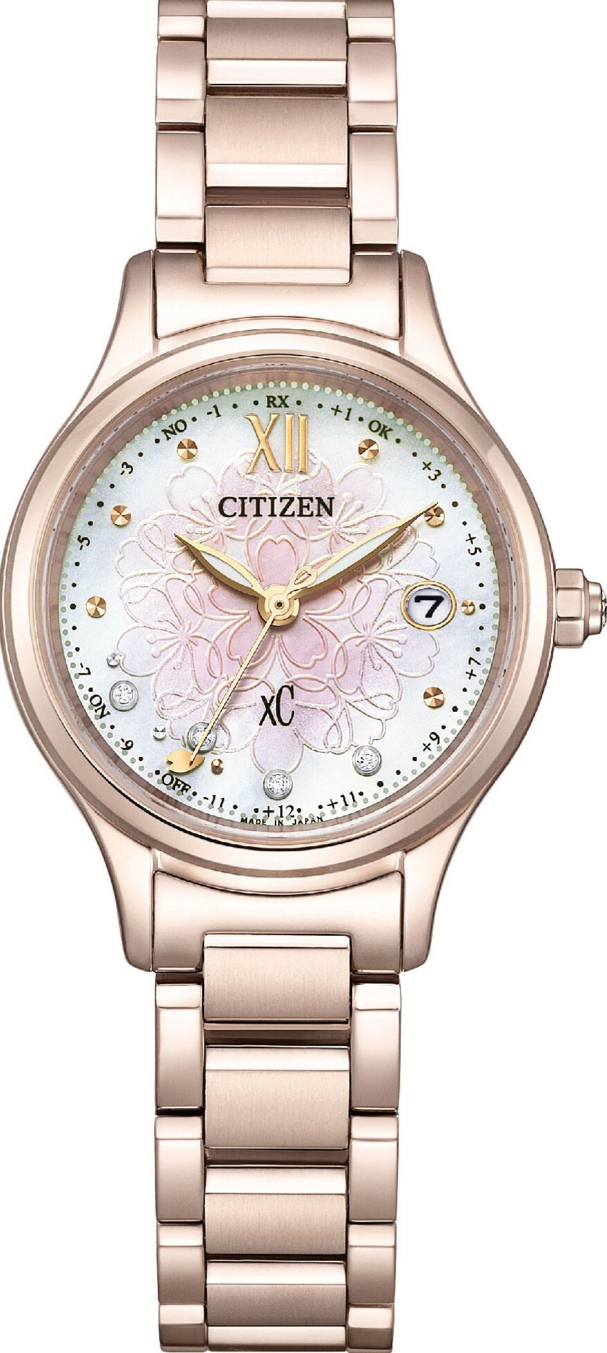 萬年鐘錶 - Citizen 星辰錶  XC   櫻花粉鑽石點綴鈦金屬光動能電波女錶  ES9497-88X  錶徑27MM