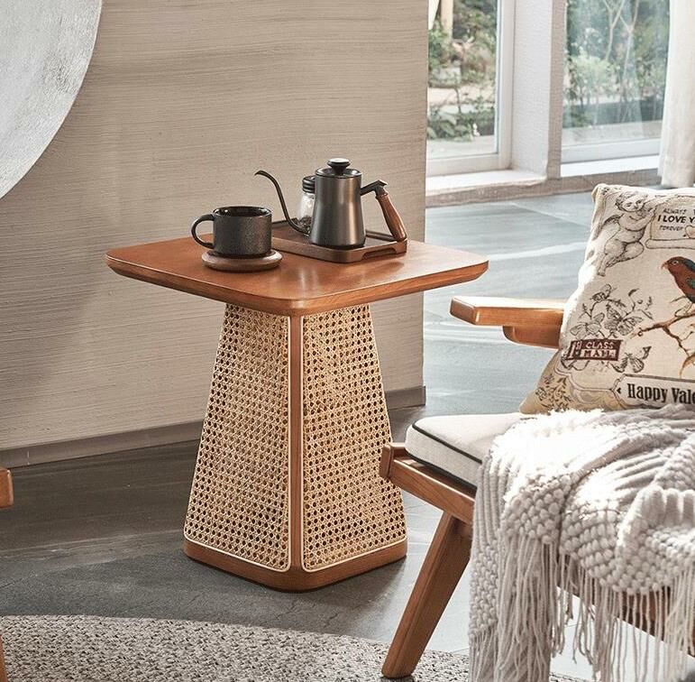 藤編實木方形小茶几