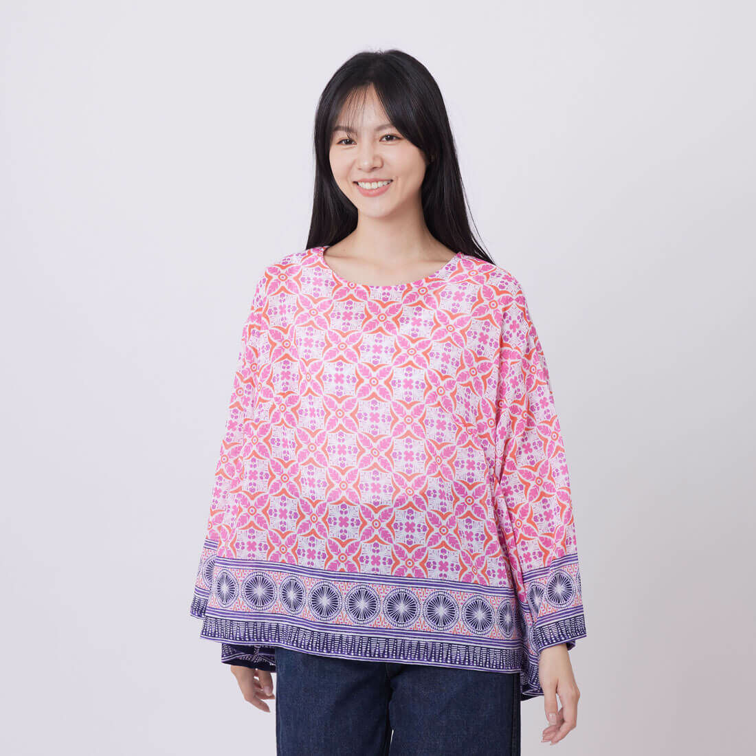 Charlene度假透紗印花寬擺抓褶上衣/粉桃紅