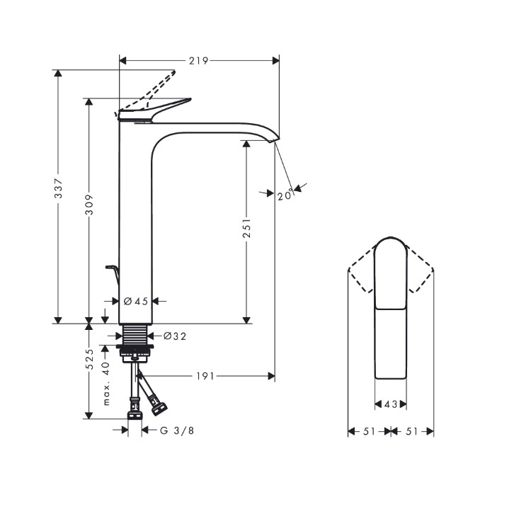 hansgrohe Vivenis 75044, -000 (75040, -000) Single lever tall basin mixer 250 CoolStart w/ pop-up waste set, with AirPower waterfall cascade flow