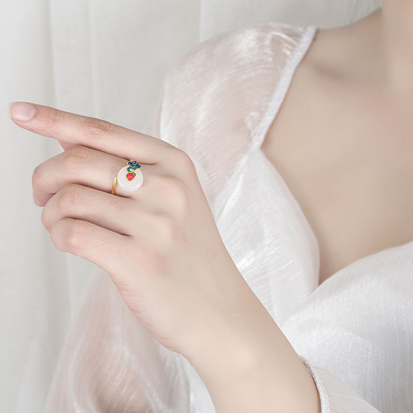 JK KOREA auspicious golden cloud opening cloisonne women's ring ancient method gold inlaid white jade ring ring J0843