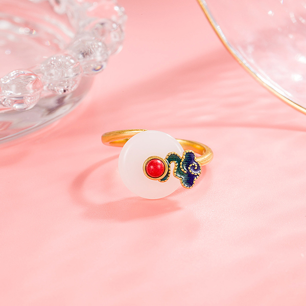 JK KOREA auspicious golden cloud opening cloisonne women's ring ancient method gold inlaid white jade ring ring J0843