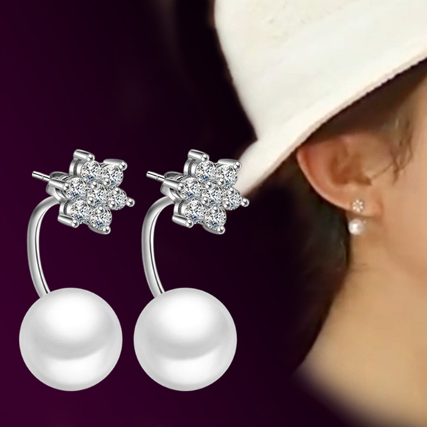 JK KOREA new fashion pearl lucky snowflake elegant a pair of silver-plated earrings J0852