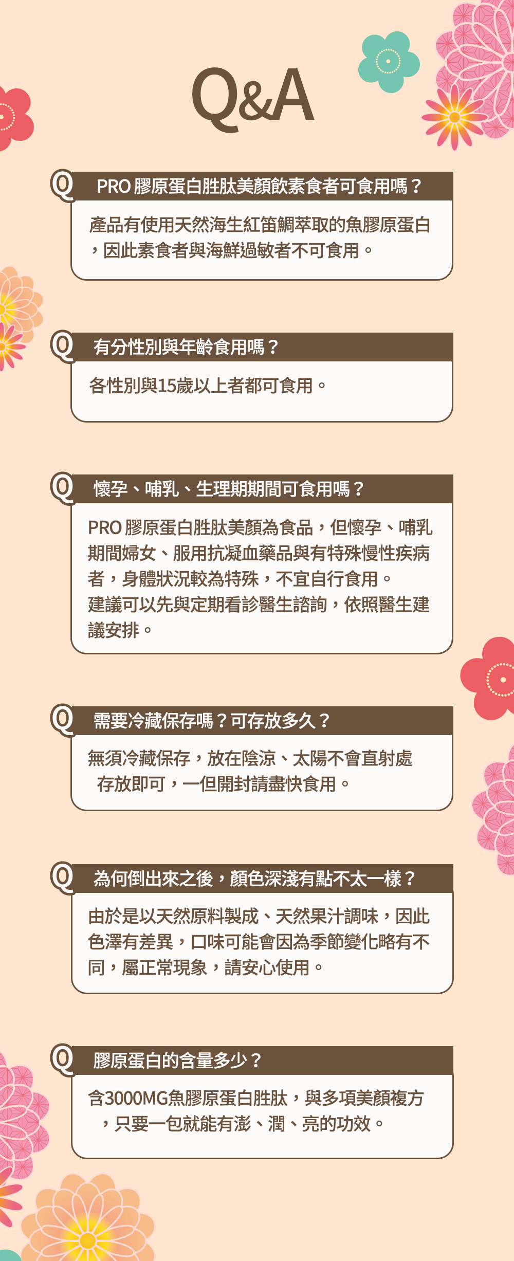 Q&APRO 膠原蛋白胜肽美顏飲素食者可食用嗎?產品有使用天然海生紅笛鯛萃取的魚膠原蛋白,因此素食者與海鮮過敏者不可食用。有分性別與年齡食用嗎?各性別與15歲以上者都可食用。懷孕、哺乳、生理期期間可食用嗎?PRO 膠原蛋白胜肽美顏為食品,但懷孕、哺乳期間婦女、服用抗凝血藥品與有特殊慢性疾病者,身體狀況較為特殊,不宜自行食用。建議可以先與定期看診醫生諮詢,依照醫生建議安排。需要冷藏保存嗎?可存放多久?無須冷藏保存,放在陰涼、太陽不會直射處存放即可,一但開封請盡快食用。為何倒出來之後,顏色深淺有點不太一樣?由於是以天然原料製成、天然果汁調味,因此色澤有差異,口味可能會因為季節變化略有不同,屬正常現象,請安心使用。膠原蛋白的含量多少?含3000MG魚膠原蛋白胜肽,與多項美顏複方,只要一包就能有澎、潤、亮的功效。