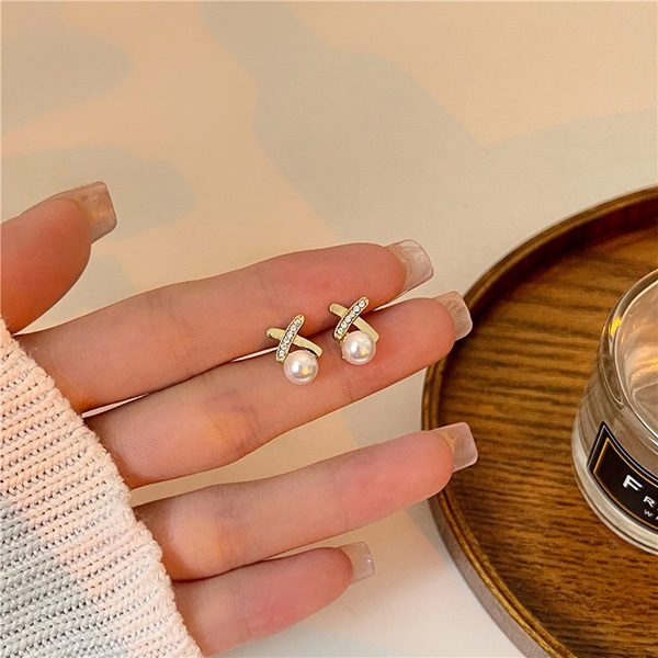 JK KOREA new niche design sense diamond cross pearl earrings feminine temperament simple and small earrings J0645