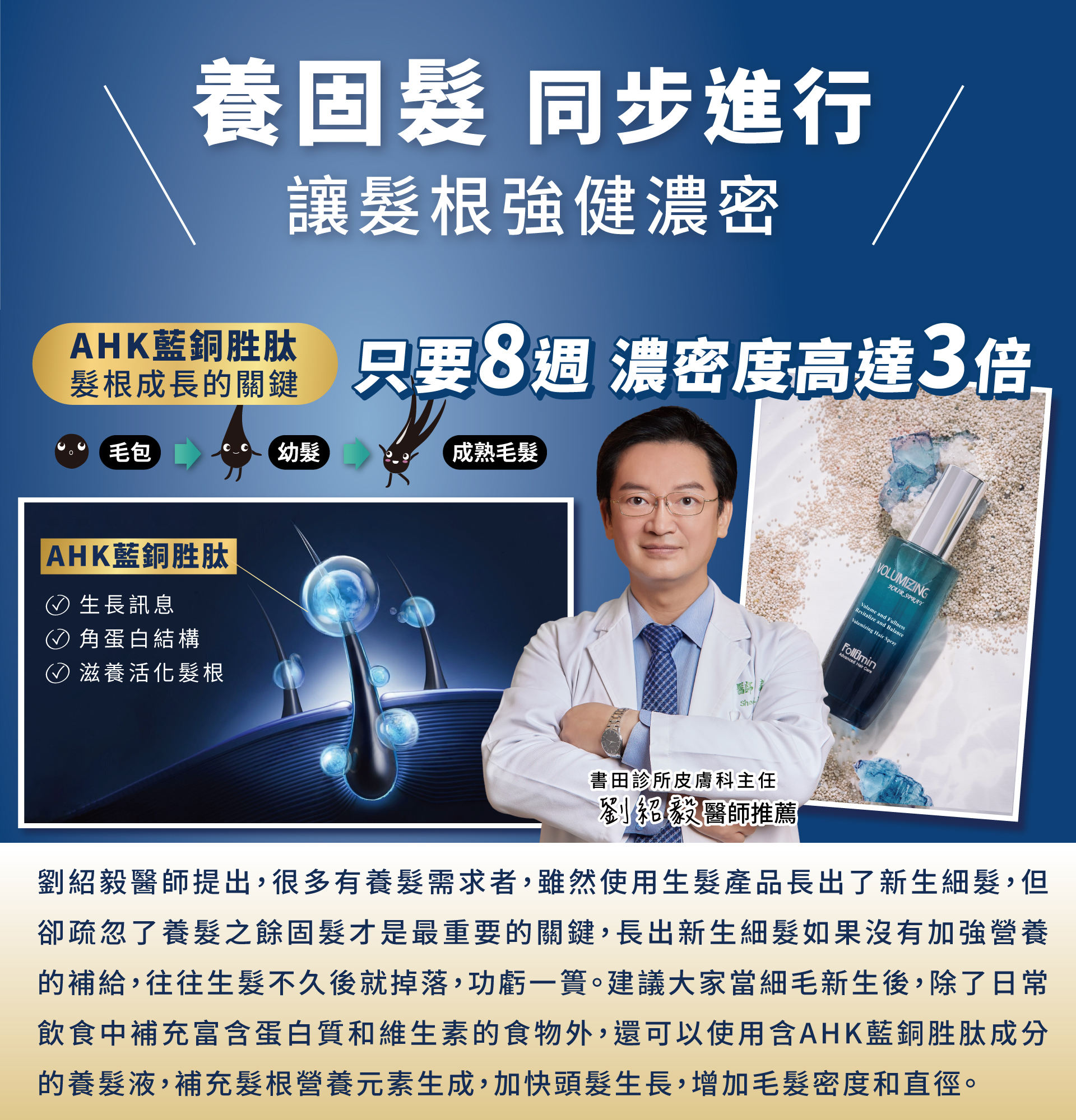 劉紹毅醫師提出,很多有養髮需求者,雖然使用生髮產品長出了新生細髮, 但卻疏忽了養髮之餘固髮才是最重要的關鍵,長出新生細髮如果沒有加強營養的補給,往往生髮不久後就掉落,功虧一簣。建議大家當細毛新生後,除了日常飲食中補充富含蛋白質和維生素的食物外,還可以使用含AHK藍銅胜肽成分的養髮液,補充髮根營養元素生成,加快頭髮生長,增加毛髮密度和直徑。