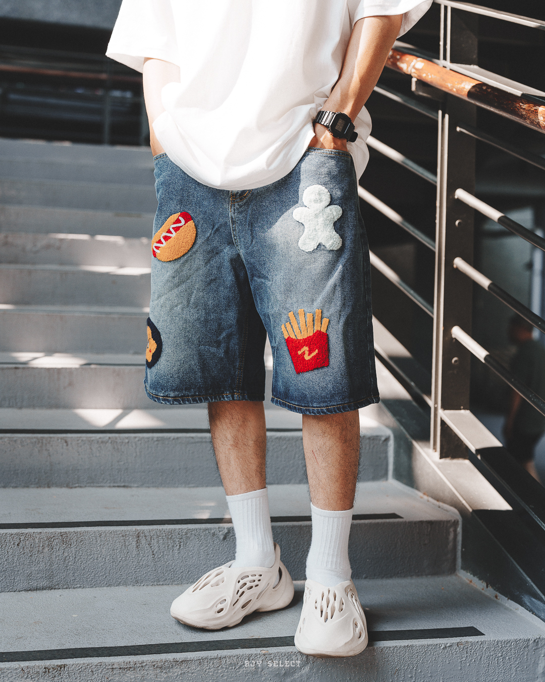 #現貨 Tailor collection 刺繡 印花 熱狗堡 薯條 牛仔短褲 兩色
