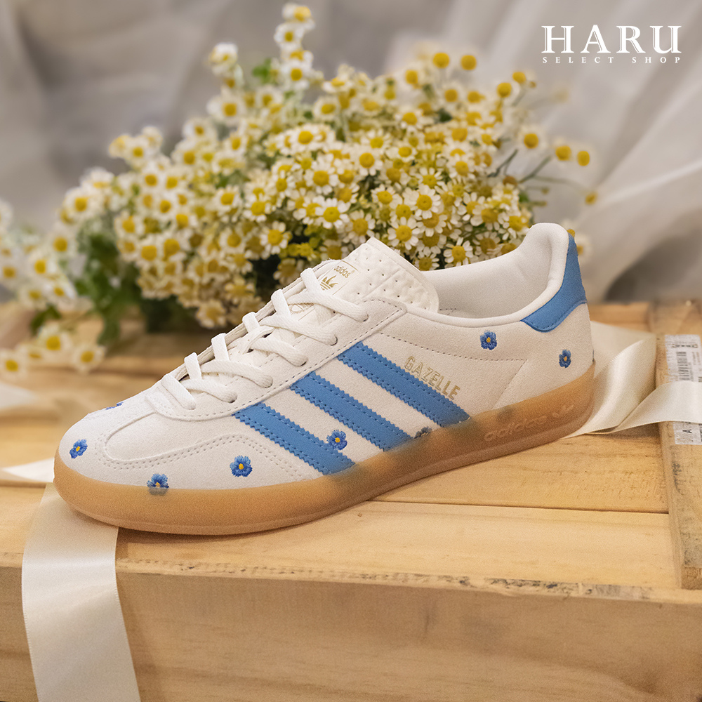 adidas originals GAZELLE INDOOR 灰藍 刺繡小花 小雛菊 三線 麂皮 德訓鞋 男女同款 復古休閒鞋 IF4491