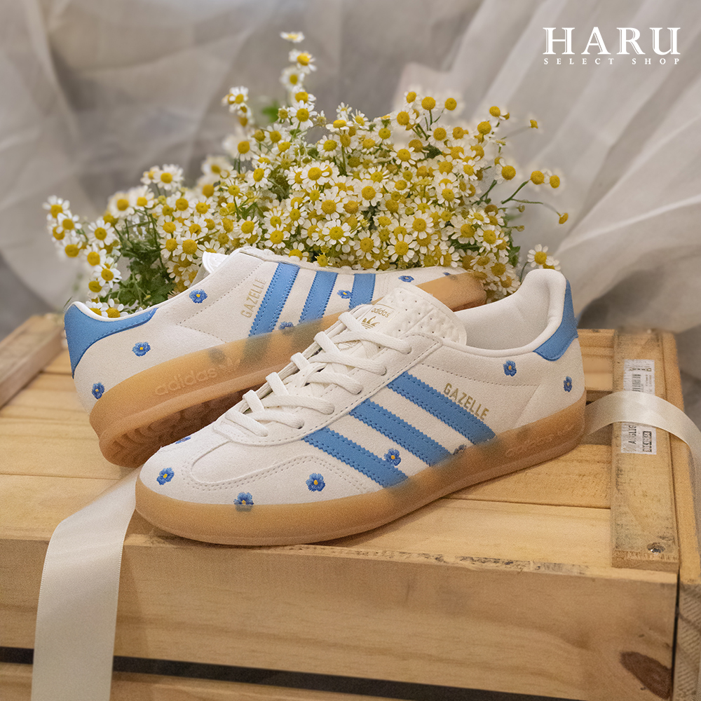 adidas originals GAZELLE INDOOR 灰藍 刺繡小花 小雛菊 三線 麂皮 德訓鞋 男女同款 復古休閒鞋 IF4491