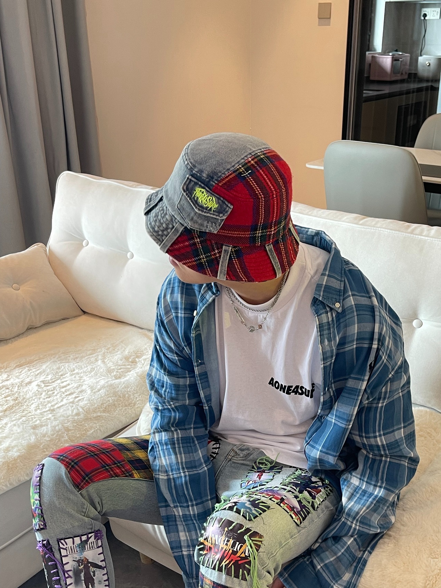 Aone4sure 牛仔格紋拼接 漁夫帽