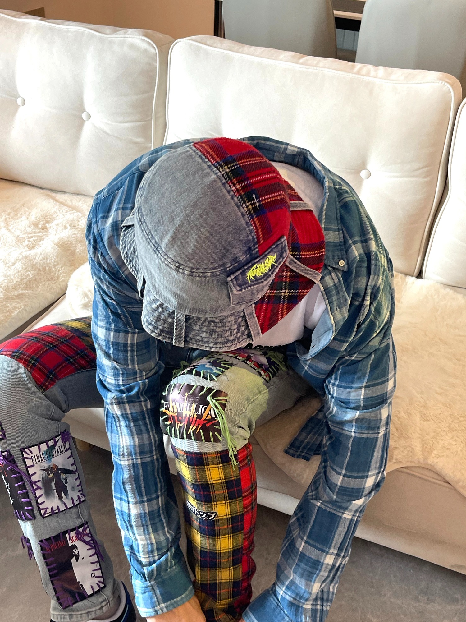 Aone4sure 牛仔格紋拼接 漁夫帽