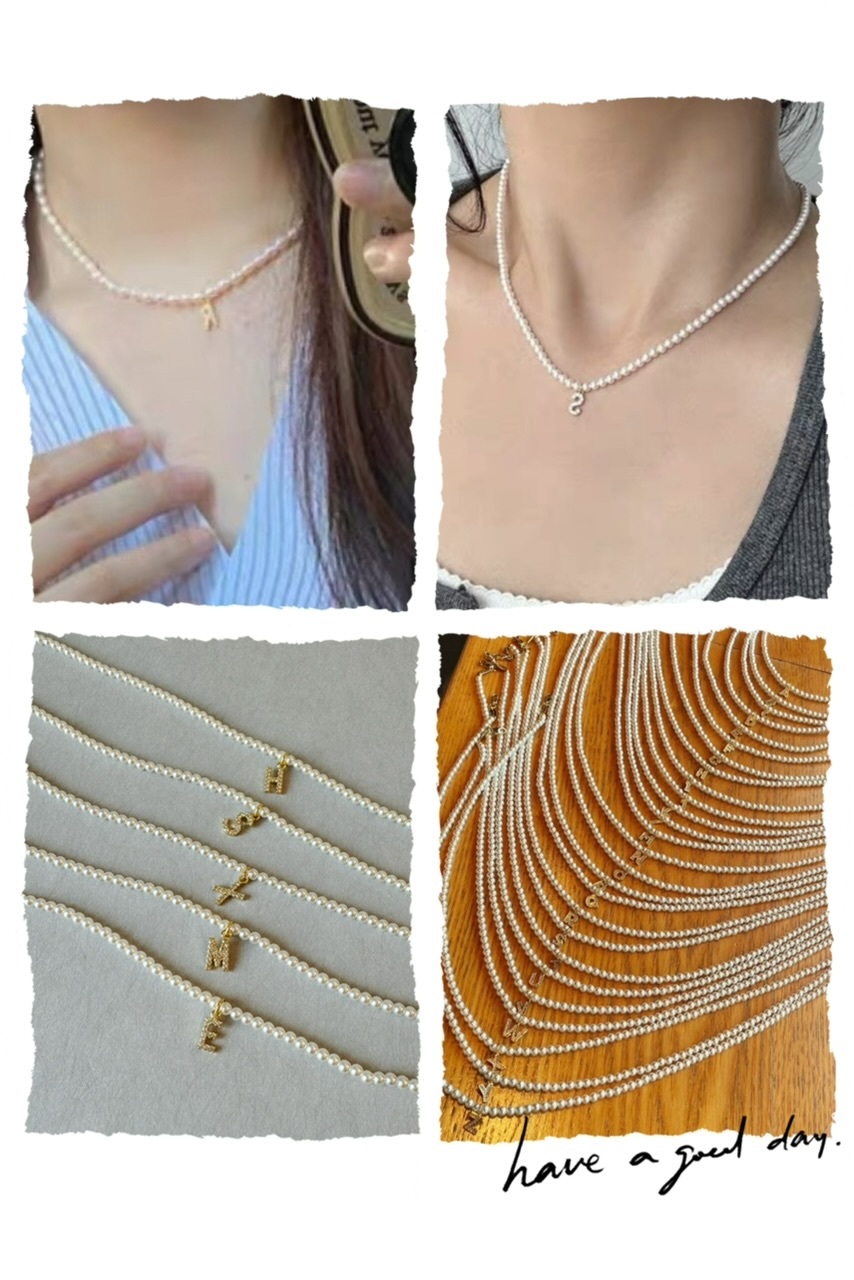 小圓珠掛字母鎖骨頸鏈-2401241