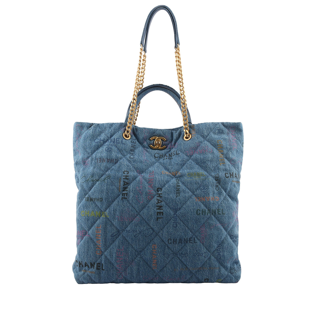 【CHANEL】金色CC Logo 塗鴉牛仔布二用托特包