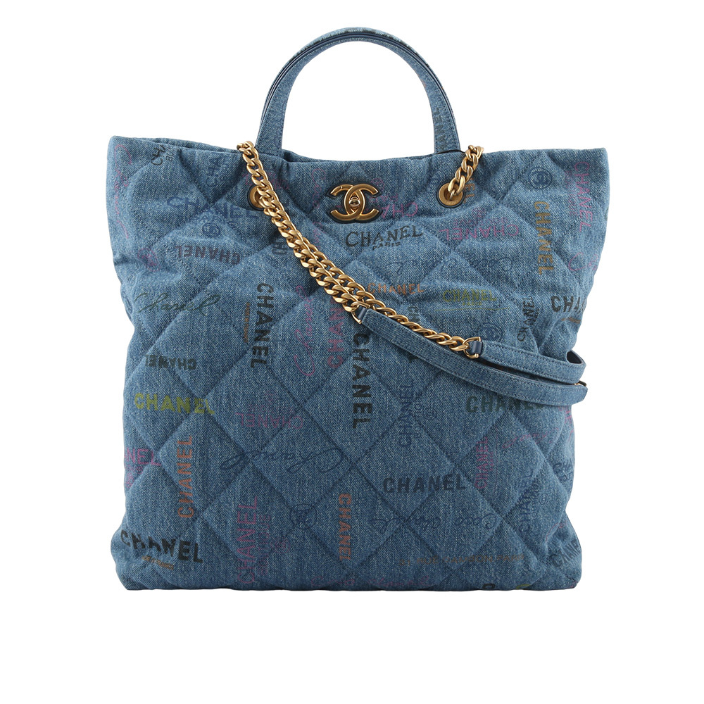 【CHANEL】金色CC Logo 塗鴉牛仔布二用托特包