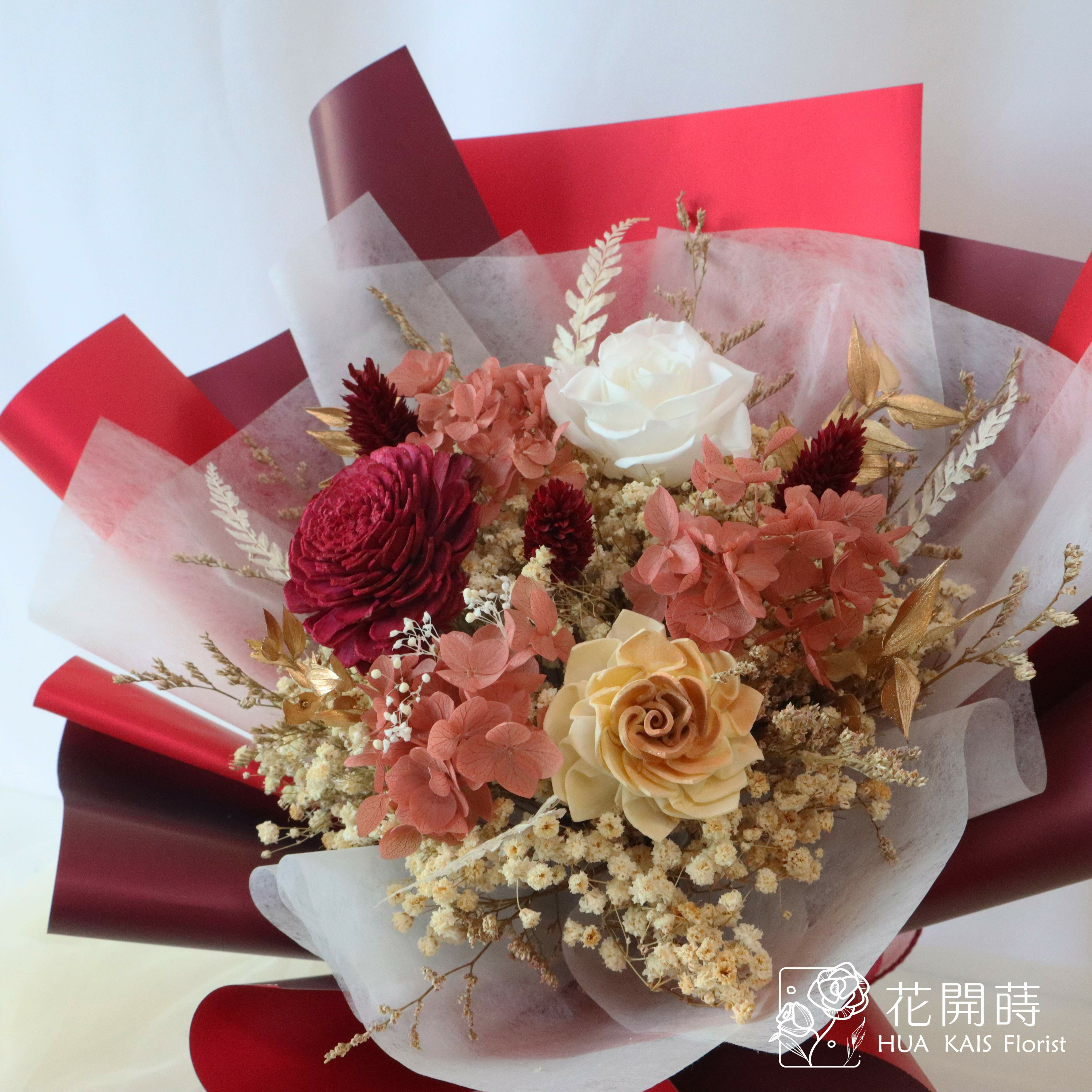 乾燥花束|經典紅永生花束(M)|中型花束|永生花|情人節花束|畢業花束|母親節花束