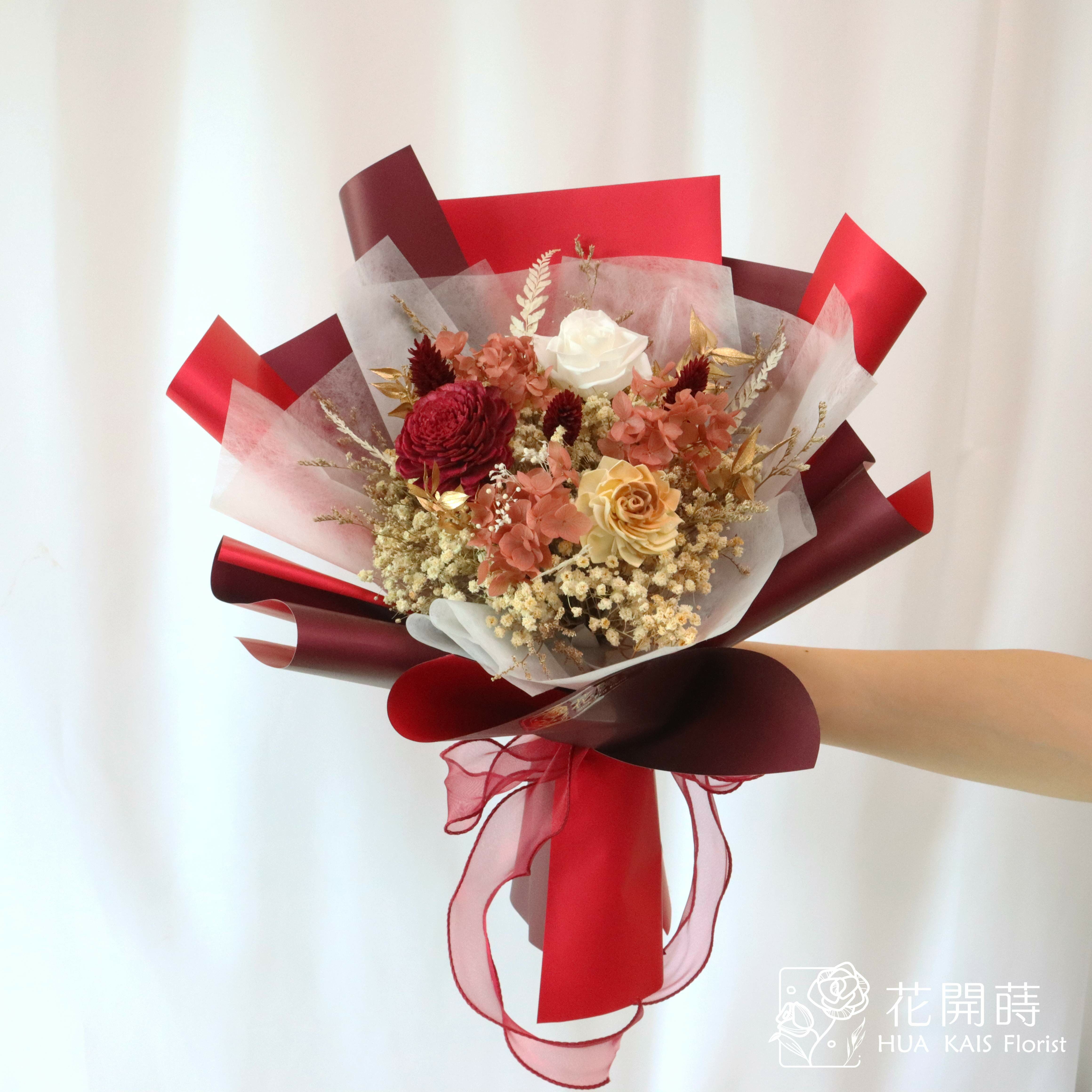 乾燥花束|經典紅永生花束(M)|中型花束|永生花|情人節花束|畢業花束|母親節花束