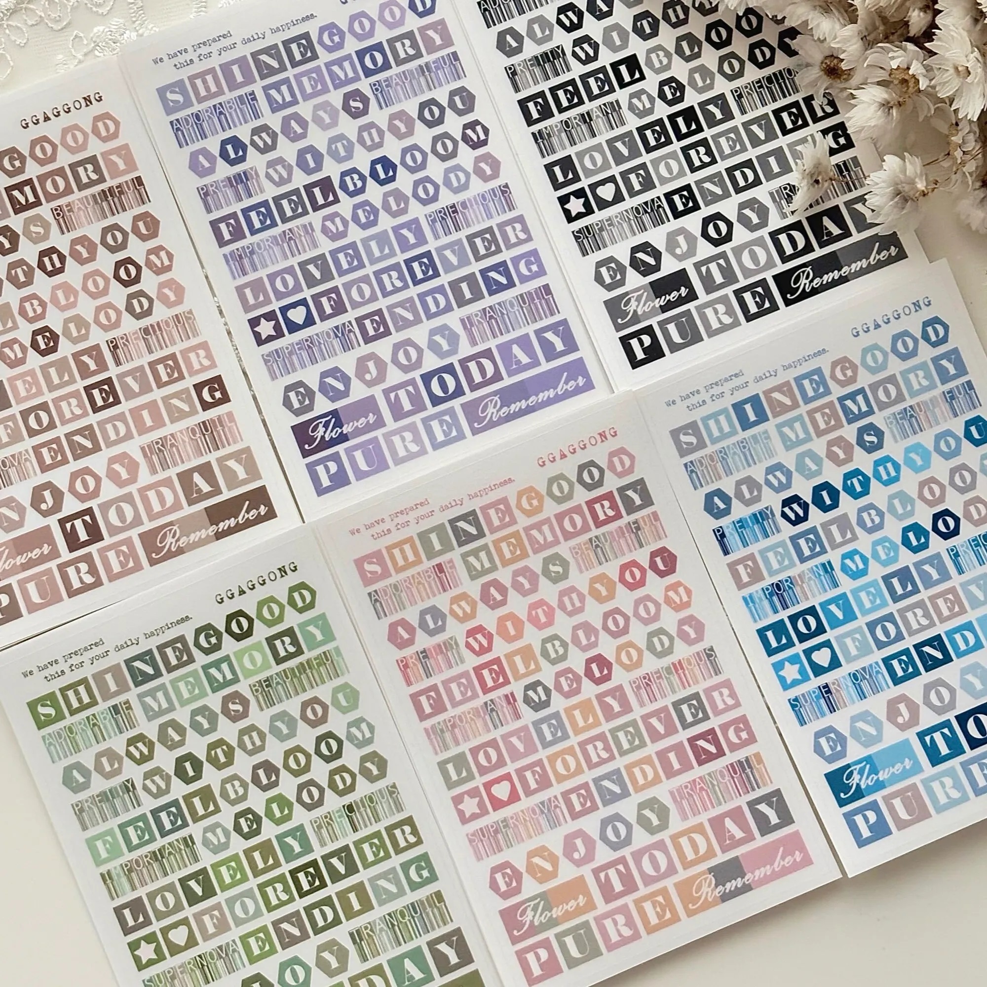 韓國 ggaggong．彩色方塊字母 霧面PET貼紙包 共6色