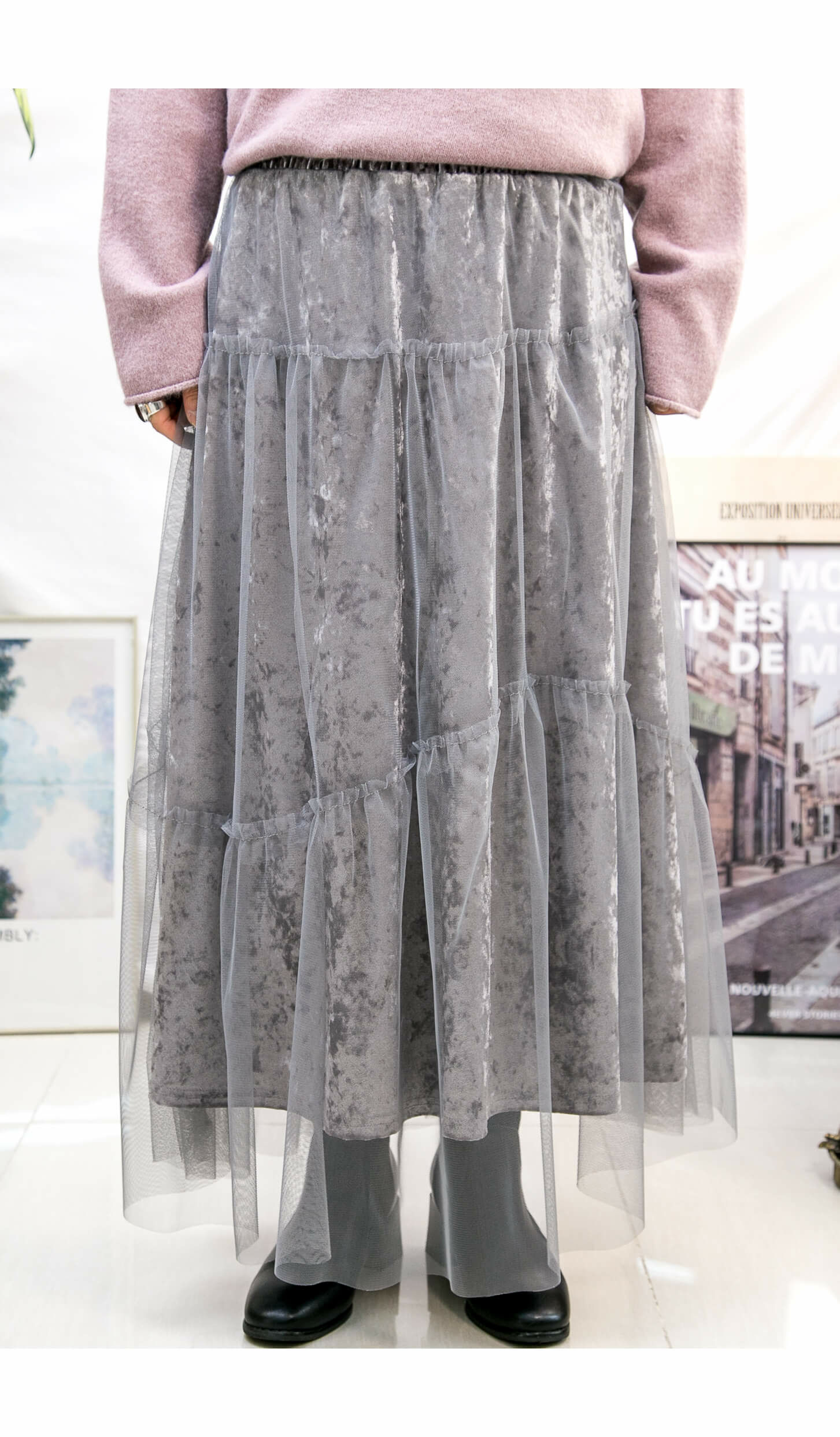 橡根腰 ‧ DOUBLE LAYER 網布 絲絨料 半截裙 (有厘布)【2315-1299】【不設退換】