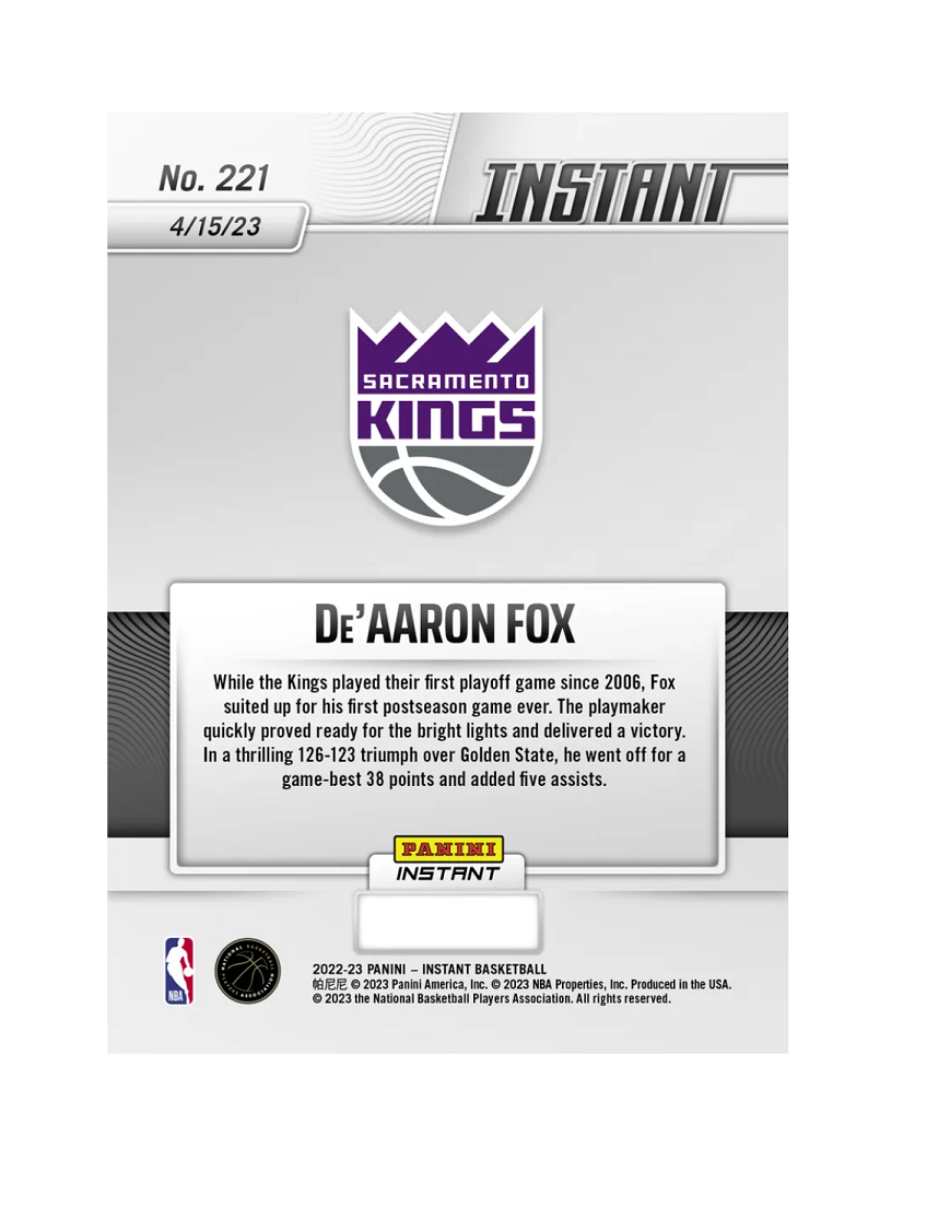 De'aaron Fox 2022-23 Nba Instant 生涯首場季後賽狂轟38分 季後賽首秀拿下歷史第二高得分球員 球員卡 #221