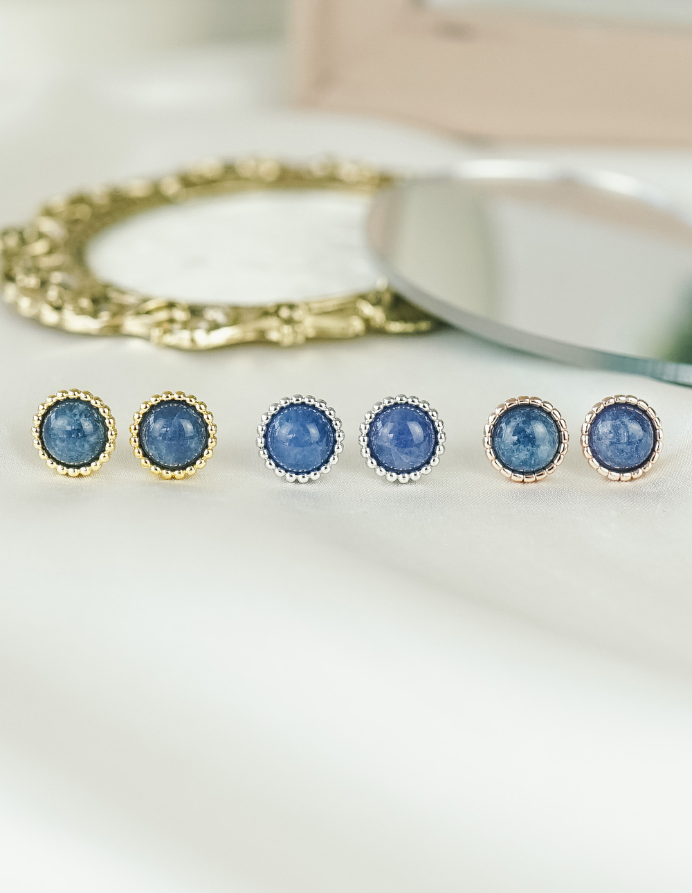 925 純銀暈染藍系水晶圓框耳環✦銀