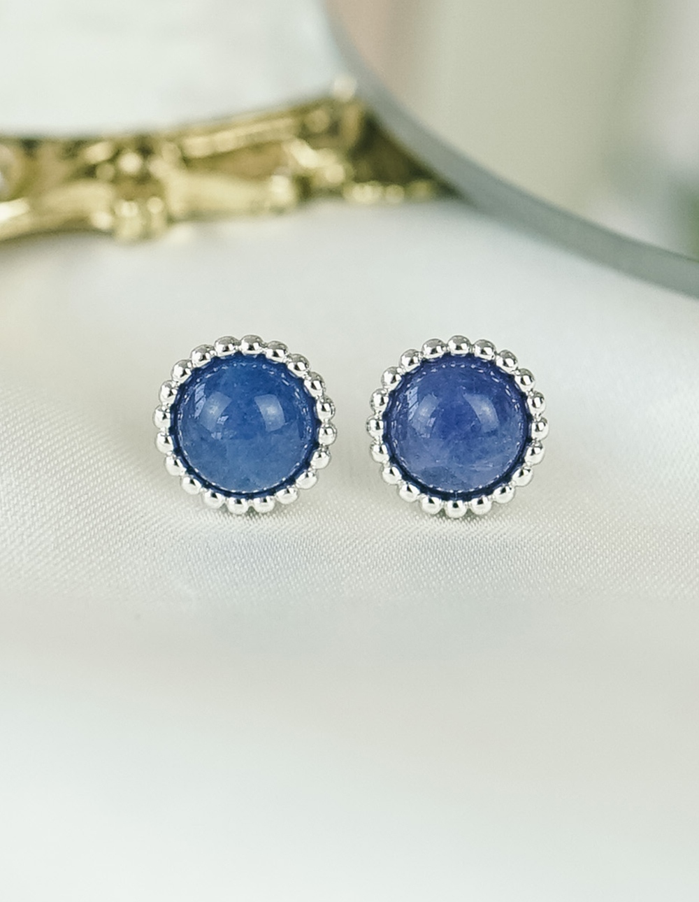 925 純銀暈染藍系水晶圓框耳環✦銀