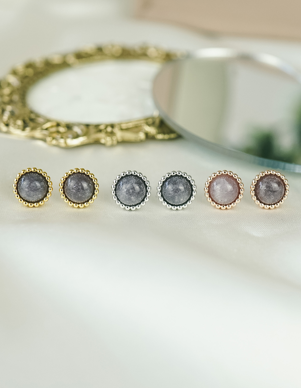 925 純銀暈染灰黑系水晶圓框耳環✦金