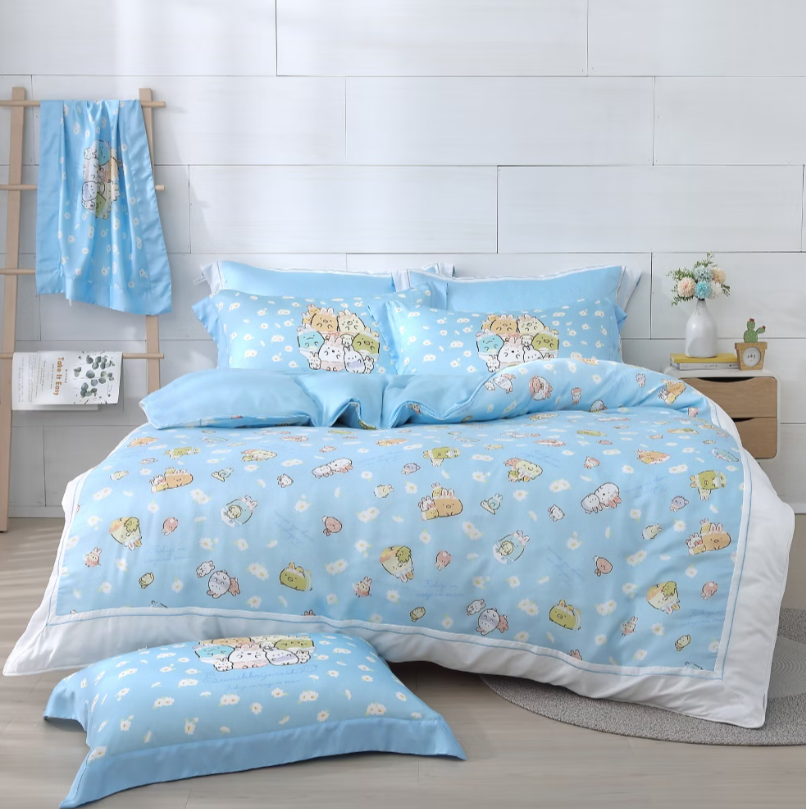 角落小夥伴床包兩用被組 | 萊賽爾天絲| 兔兔草原-滿版藍色