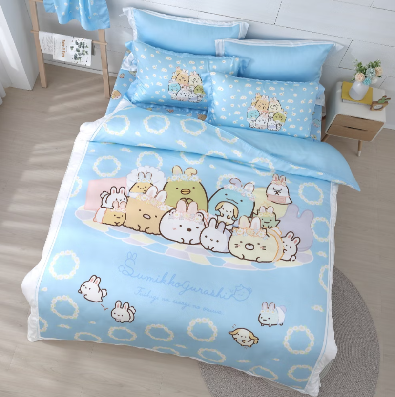 角落小夥伴床包兩用被組 | 萊賽爾天絲| 兔兔草原-大圖藍色