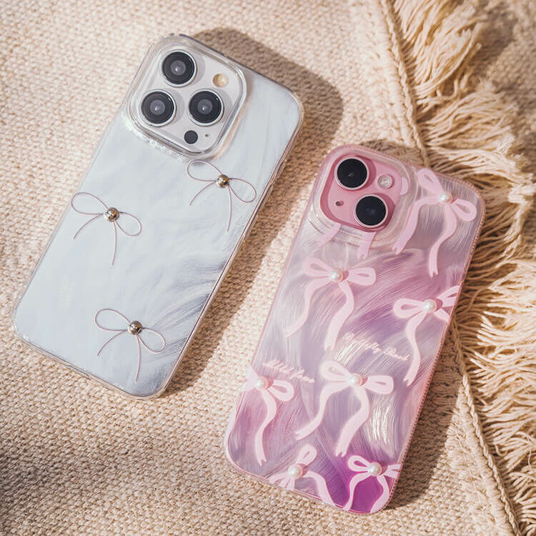 粉嫩珍珠 太空銀蝴蝶結 羽紗手機殼 iPhone15 14 13Pro Max防摔殼