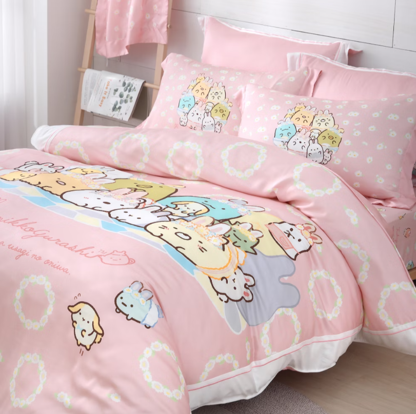 角落小夥伴床包兩用被組 | 萊賽爾天絲| 兔兔草原-大圖粉色