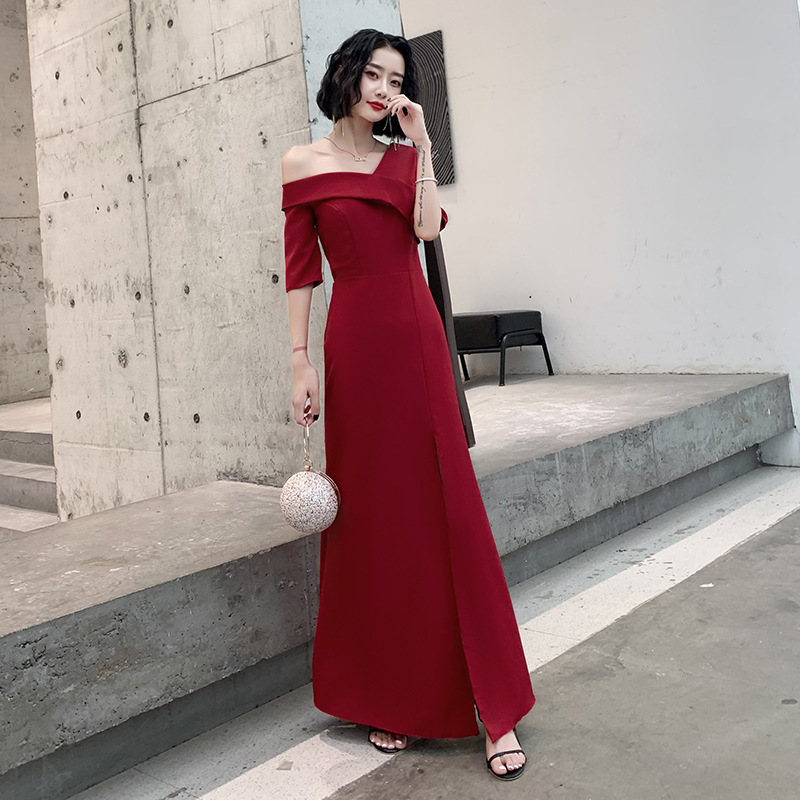 不對稱翻領 五分袖開衩禮服(黑/白/紅/綠/黑短版)