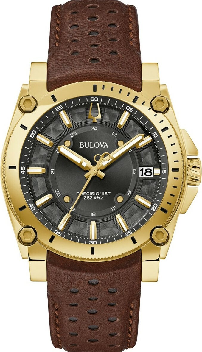 萬年鐘錶 - BULOVA 寶路華  Precisionist機芯 滑動式秒針奢華金色錶殼賽車造型皮革款男錶 97B216 錶徑 40MM