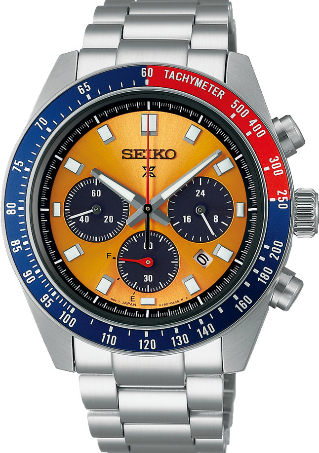 萬年鐘錶 - SEIKO PROSPEX  SPEEDTIMER  紅藍圈橘色面盤太陽能三眼計時腕錶 SSC947P1 / V192-0AH0Y 錶徑41.4MM