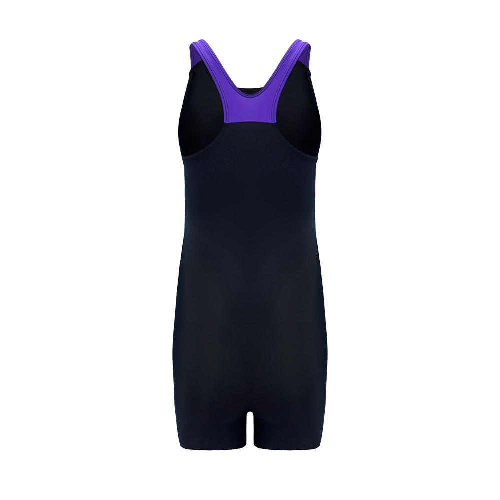 女童 Modest Y背帶中平腳連身泳衣 - 黑/紫