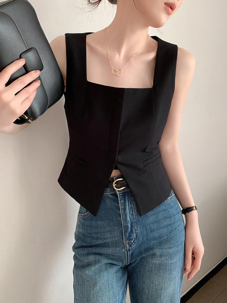 方領收腰背心上衣