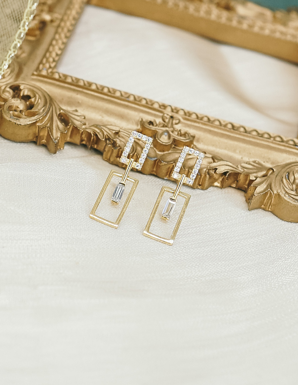 925 純銀方鑽框框耳環