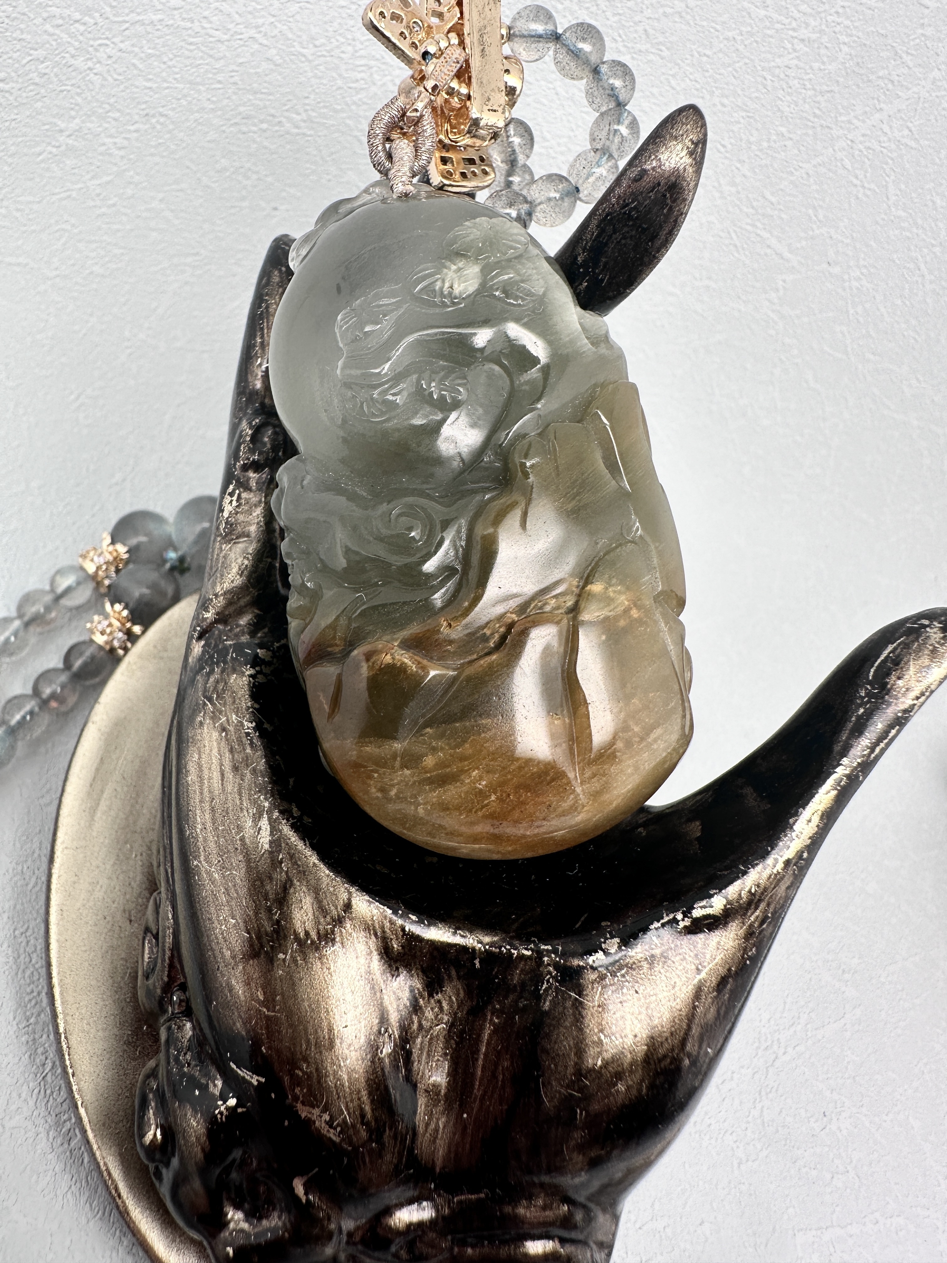 Blue Yellow Rutilated Moon Gazing Butterfly with Gray Moonstone Necklace