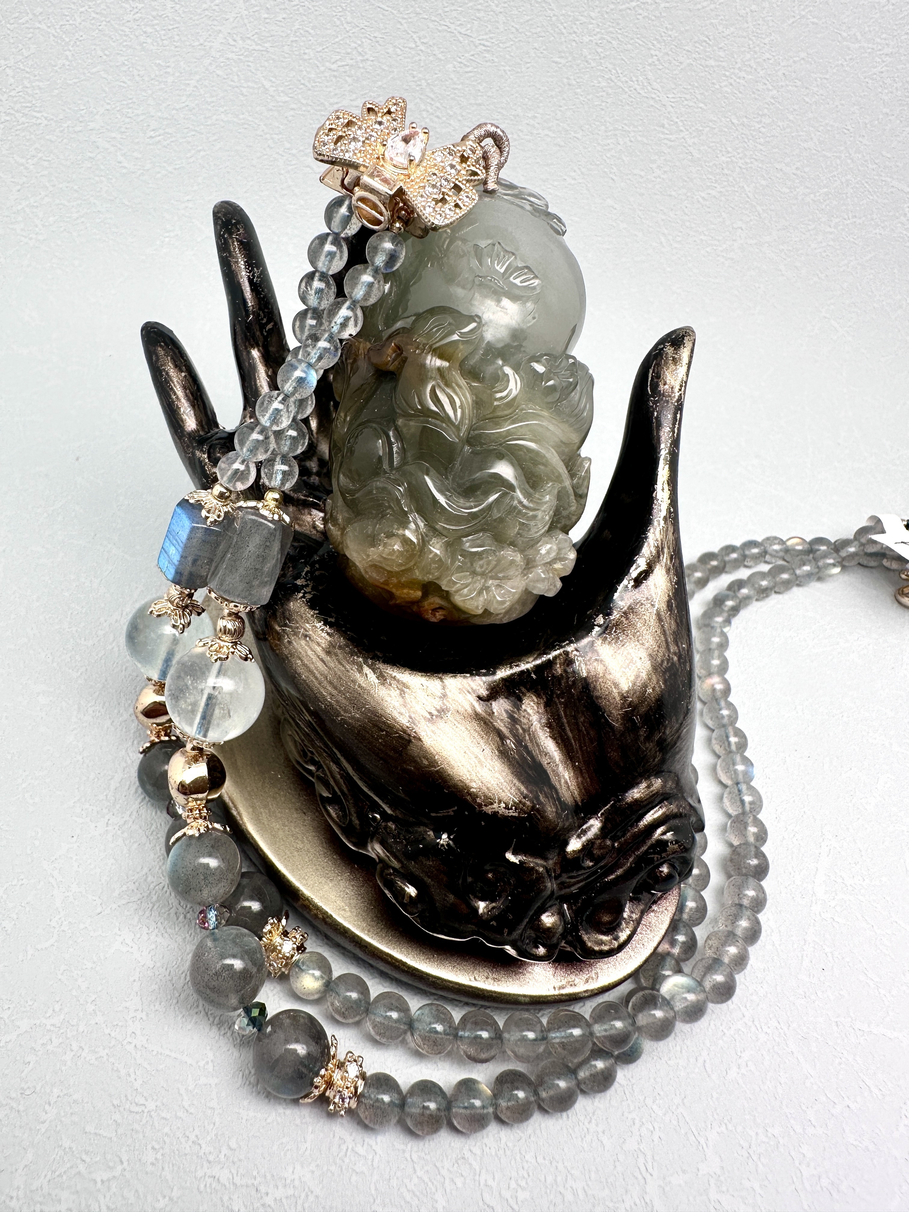 Blue Yellow Rutilated Moon Gazing Butterfly with Gray Moonstone Necklace