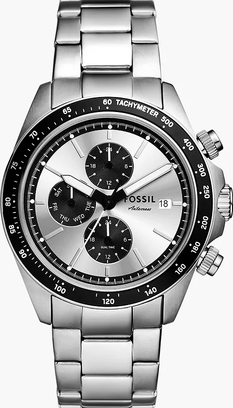 萬年鐘錶 - Fossil  白面熊貓三眼計時不鏽岡錶帶男錶  BQ2873  錶徑42MM