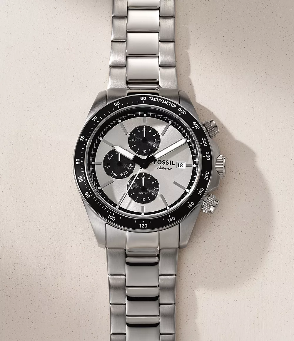 萬年鐘錶 - Fossil  白面熊貓三眼計時不鏽岡錶帶男錶  BQ2873  錶徑42MM